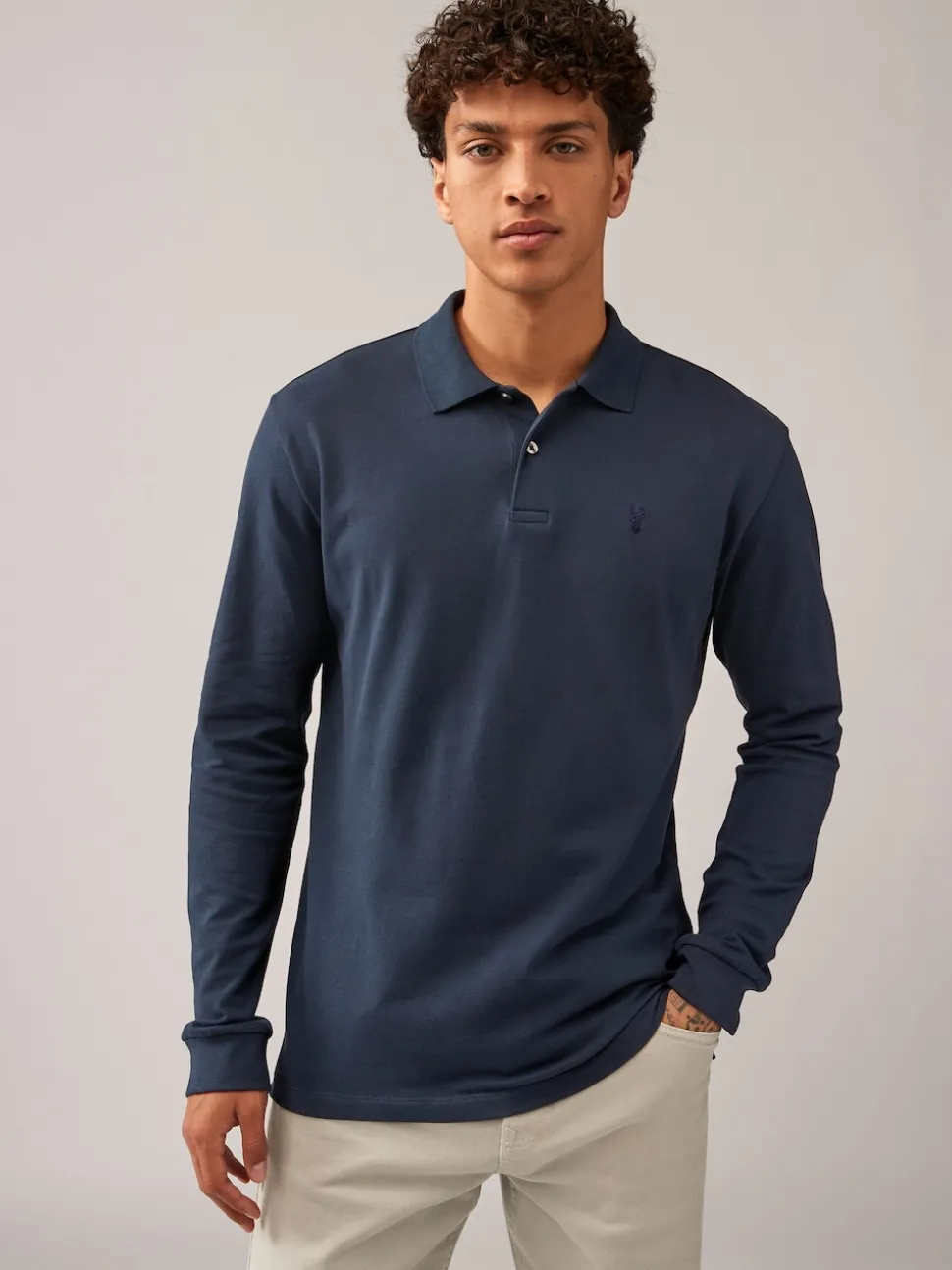 Navy Blue Regular Fit Long Sleeve Pique Polo Shirt