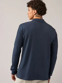 Navy Blue Regular Fit Long Sleeve Pique Polo Shirt