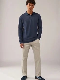 Navy Blue Regular Fit Long Sleeve Pique Polo Shirt