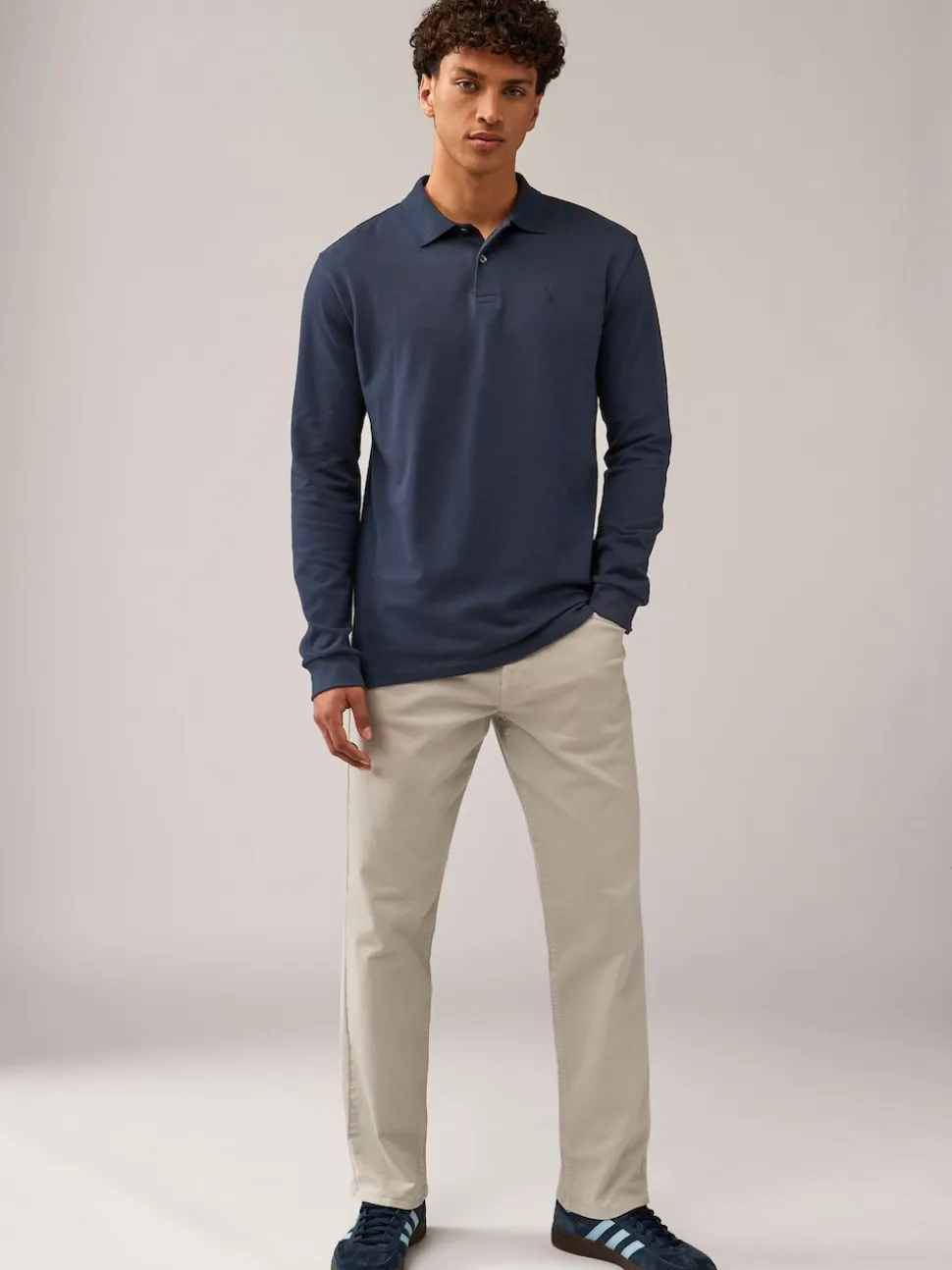 Navy Blue Regular Fit Long Sleeve Pique Polo Shirt