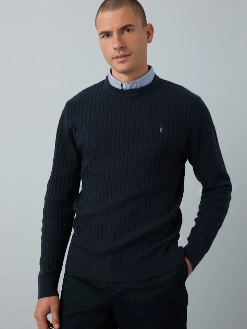 Navy Blue Regular Fit Mini Cable Mock Shirt Jumper