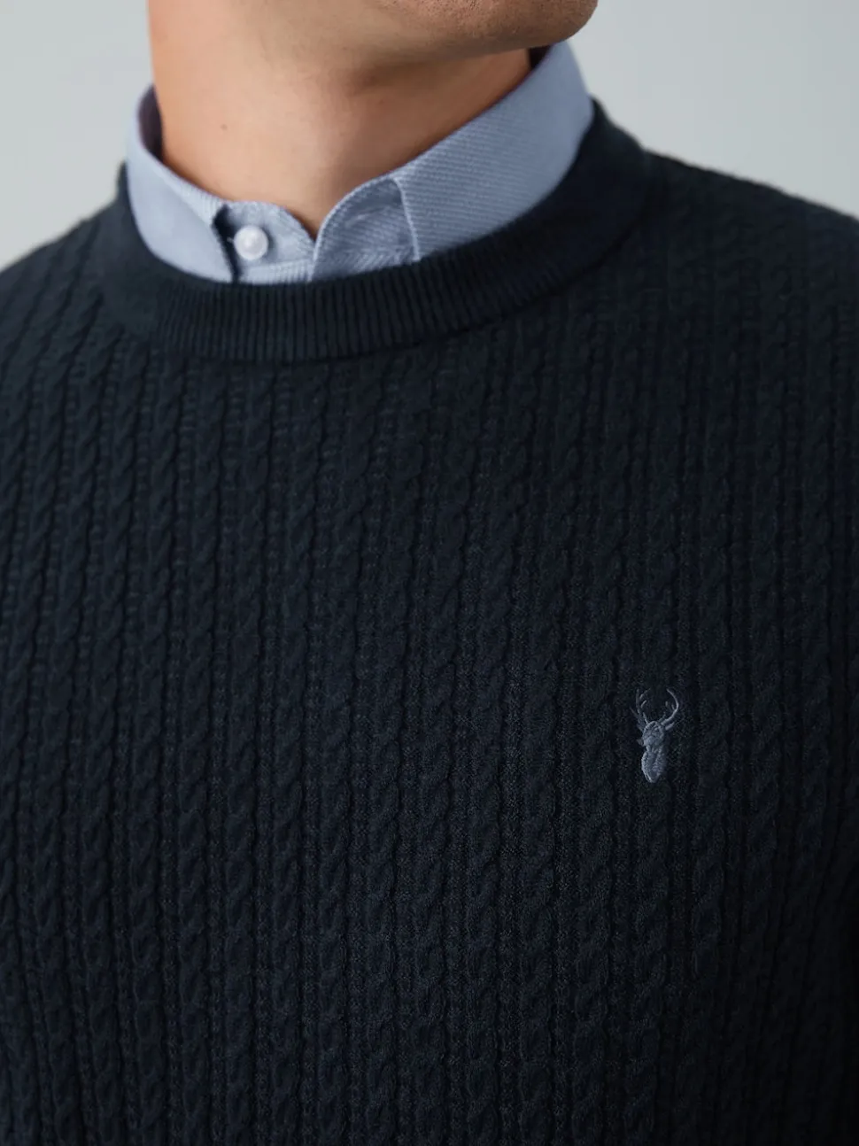 Navy Blue Regular Fit Mini Cable Mock Shirt Jumper