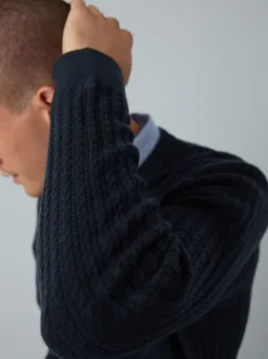 Navy Blue Regular Fit Mini Cable Mock Shirt Jumper