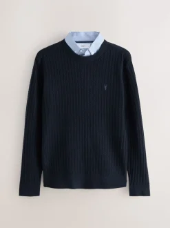 Navy Blue Regular Fit Mini Cable Mock Shirt Jumper