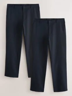 Navy Blue Regular Fit Plain Front Smart Trousers 2 Pack