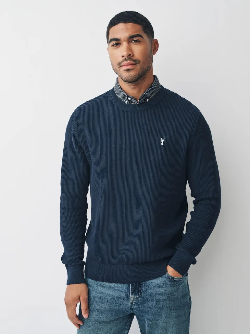 Navy Blue Regular Fit Rib Texture Mock Shirt Jumper