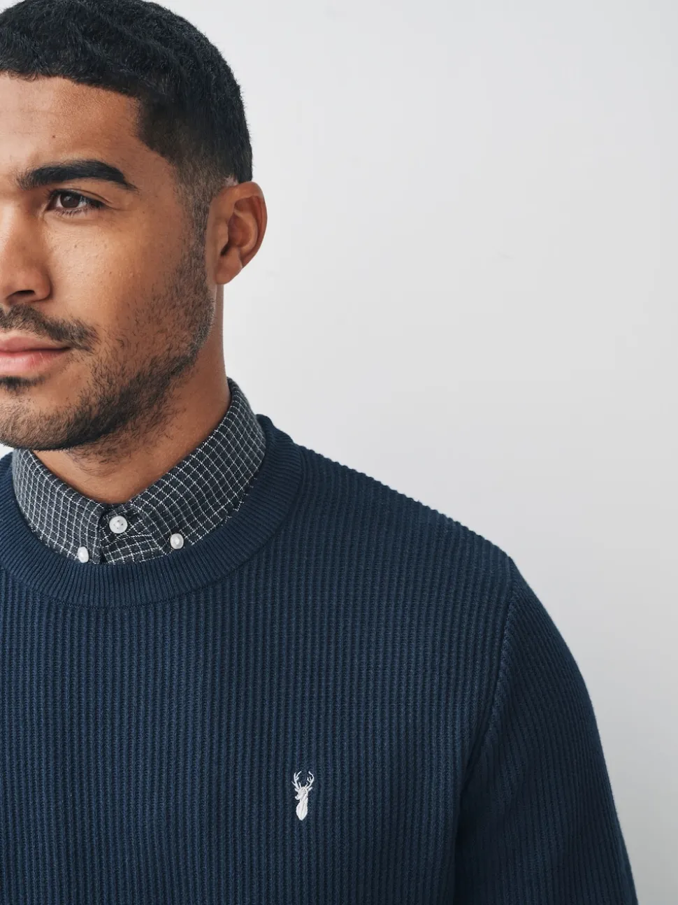 Navy Blue Regular Fit Rib Texture Mock Shirt Jumper