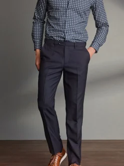 Navy Blue Regular Fit Signature 100% Wool Trousers With Motion Flex Waistband