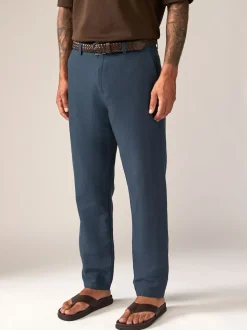 Navy Blue Regular Fit Smart Linen Cotton Blend Belted Trousers