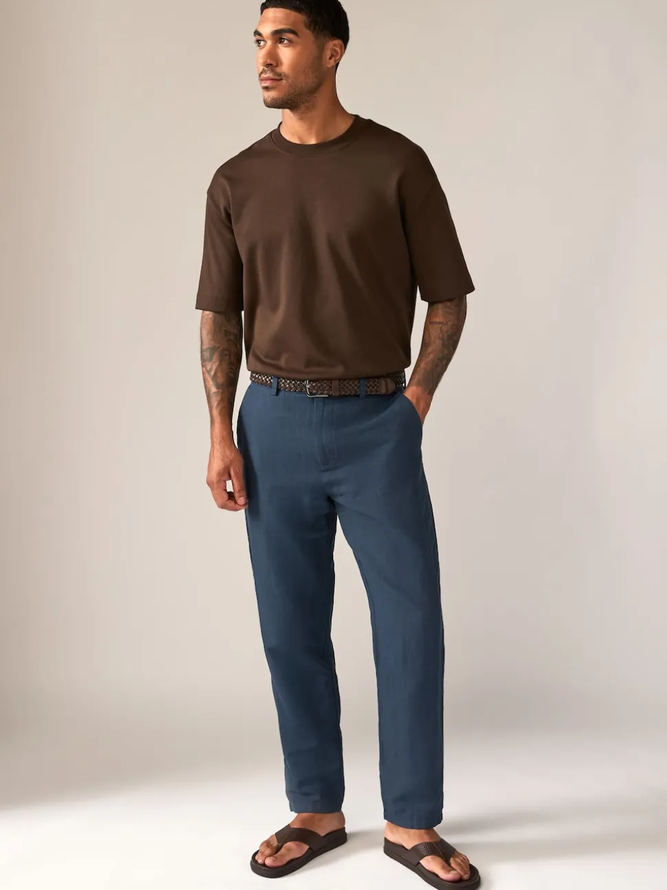 Navy Blue Regular Fit Smart Linen Cotton Blend Belted Trousers