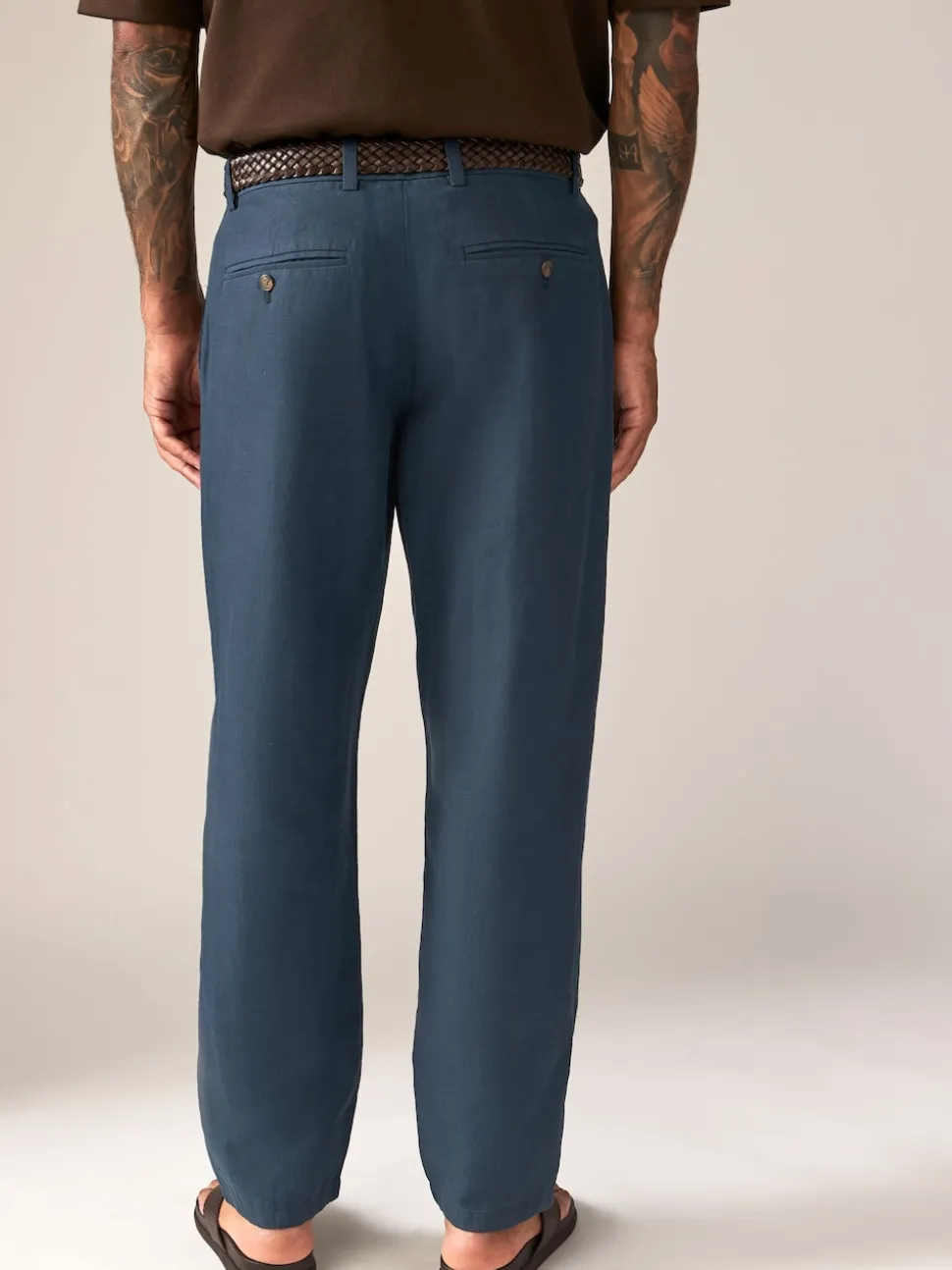 Navy Blue Regular Fit Smart Linen Cotton Blend Belted Trousers