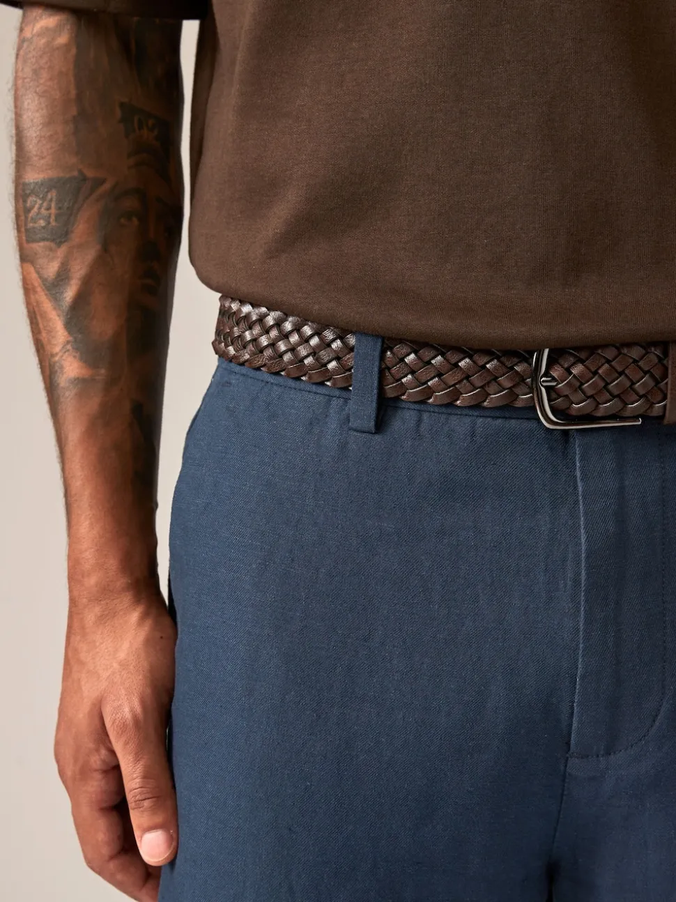 Navy Blue Regular Fit Smart Linen Cotton Blend Belted Trousers