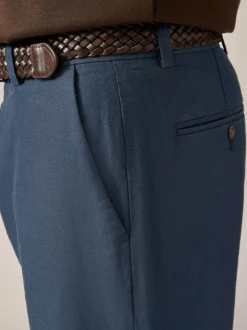Navy Blue Regular Fit Smart Linen Cotton Blend Belted Trousers