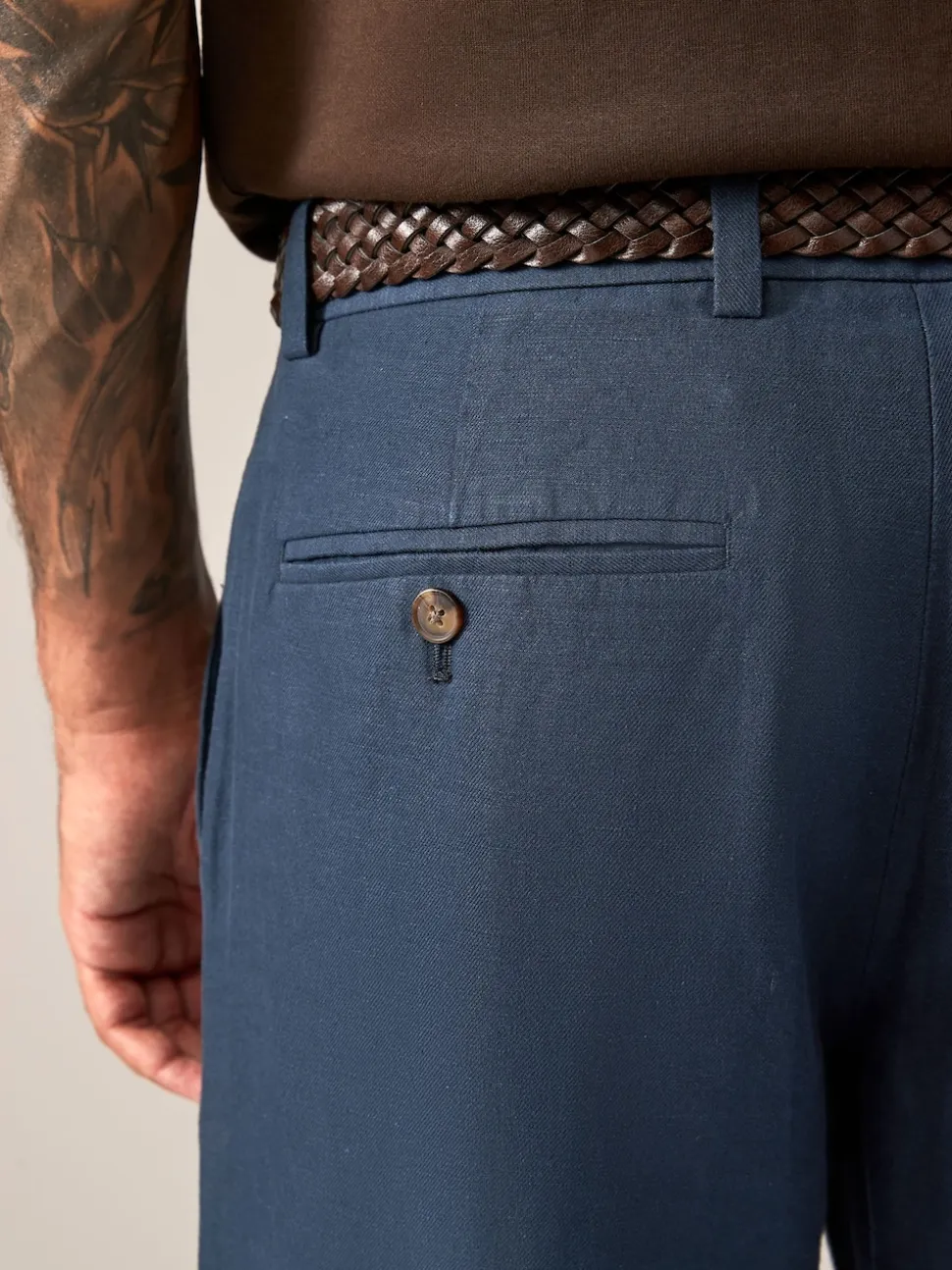 Navy Blue Regular Fit Smart Linen Cotton Blend Belted Trousers