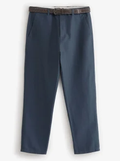 Navy Blue Regular Fit Smart Linen Cotton Blend Belted Trousers
