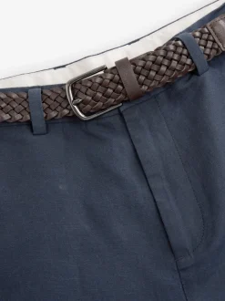 Navy Blue Regular Fit Smart Linen Cotton Blend Belted Trousers