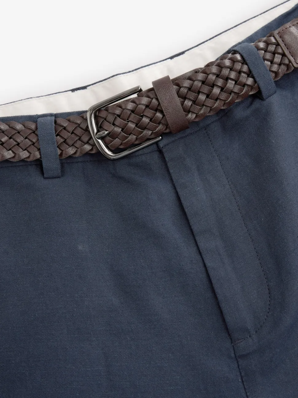Navy Blue Regular Fit Smart Linen Cotton Blend Belted Trousers