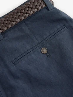 Navy Blue Regular Fit Smart Linen Cotton Blend Belted Trousers