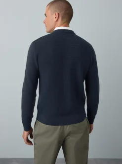 Navy Blue Regular Fit Textured Oxford Mock Shirt Jumper
