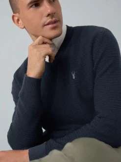 Navy Blue Regular Fit Textured Oxford Mock Shirt Jumper