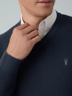 Navy Blue Regular Fit Textured Oxford Mock Shirt Jumper