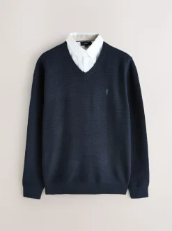 Navy Blue Regular Fit Textured Oxford Mock Shirt Jumper