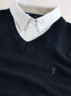 Navy Blue Regular Fit Textured Oxford Mock Shirt Jumper