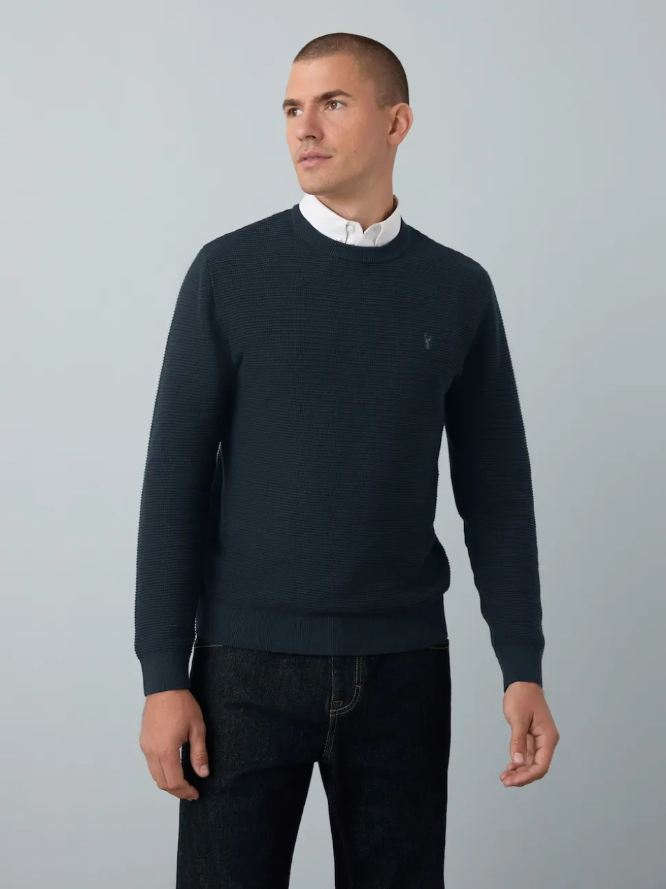 Navy Blue Regular Fit Textured Oxford Mock Shirt Jumper