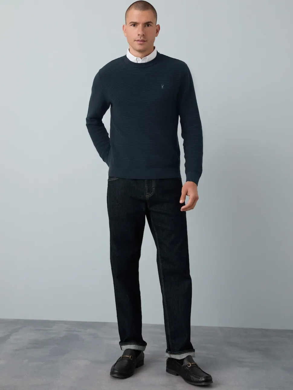 Navy Blue Regular Fit Textured Oxford Mock Shirt Jumper