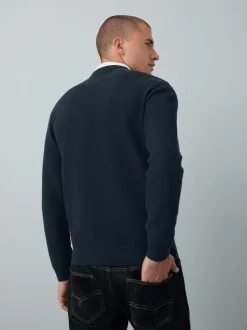 Navy Blue Regular Fit Textured Oxford Mock Shirt Jumper
