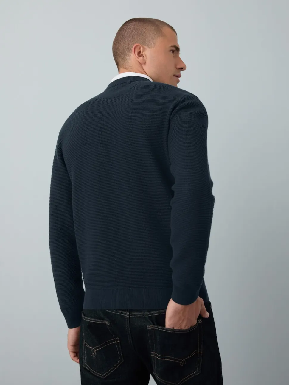 Navy Blue Regular Fit Textured Oxford Mock Shirt Jumper