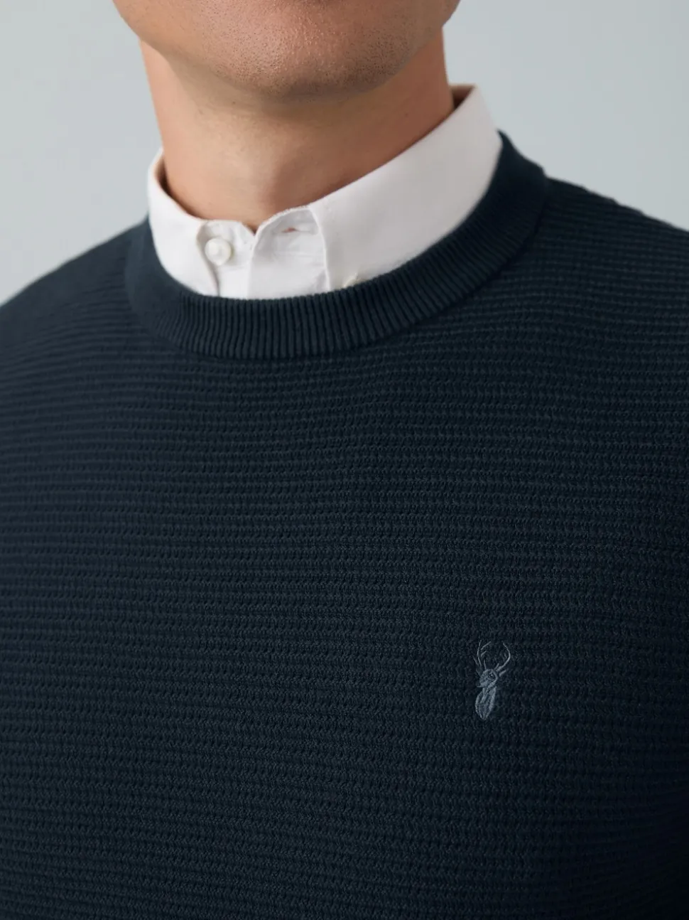 Navy Blue Regular Fit Textured Oxford Mock Shirt Jumper