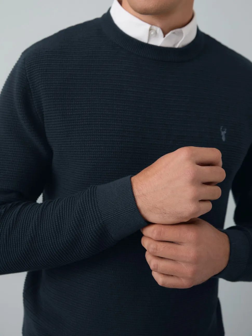 Navy Blue Regular Fit Textured Oxford Mock Shirt Jumper