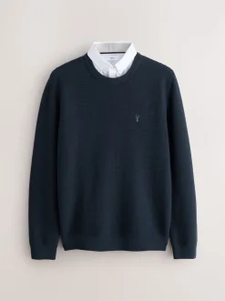 Navy Blue Regular Fit Textured Oxford Mock Shirt Jumper