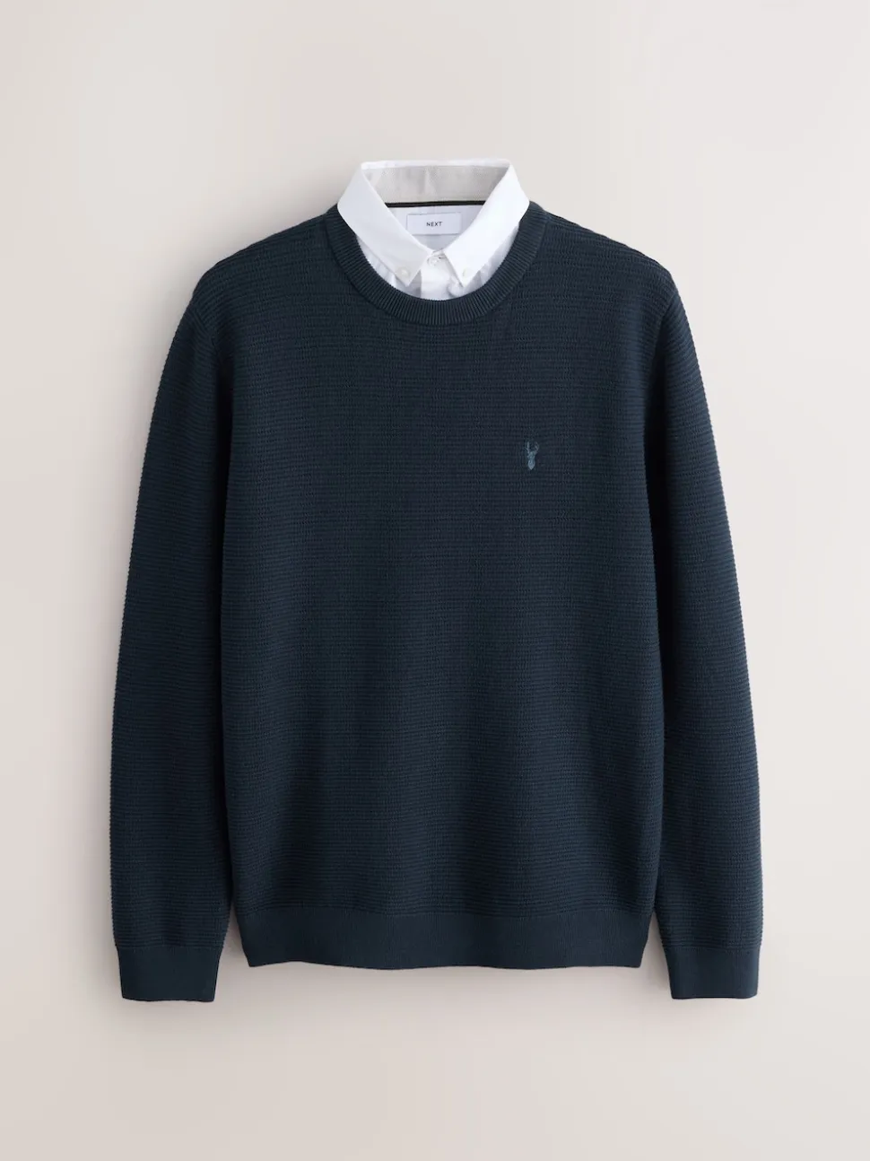 Navy Blue Regular Fit Textured Oxford Mock Shirt Jumper