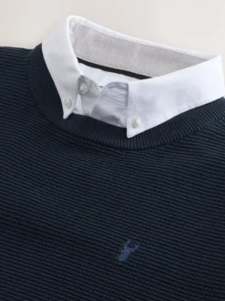 Navy Blue Regular Fit Textured Oxford Mock Shirt Jumper