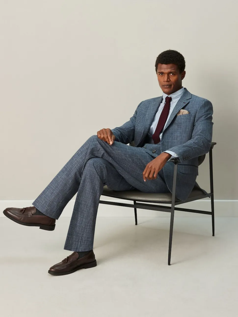 Navy Blue Regular Fit Trimmed Check Suit Jacket