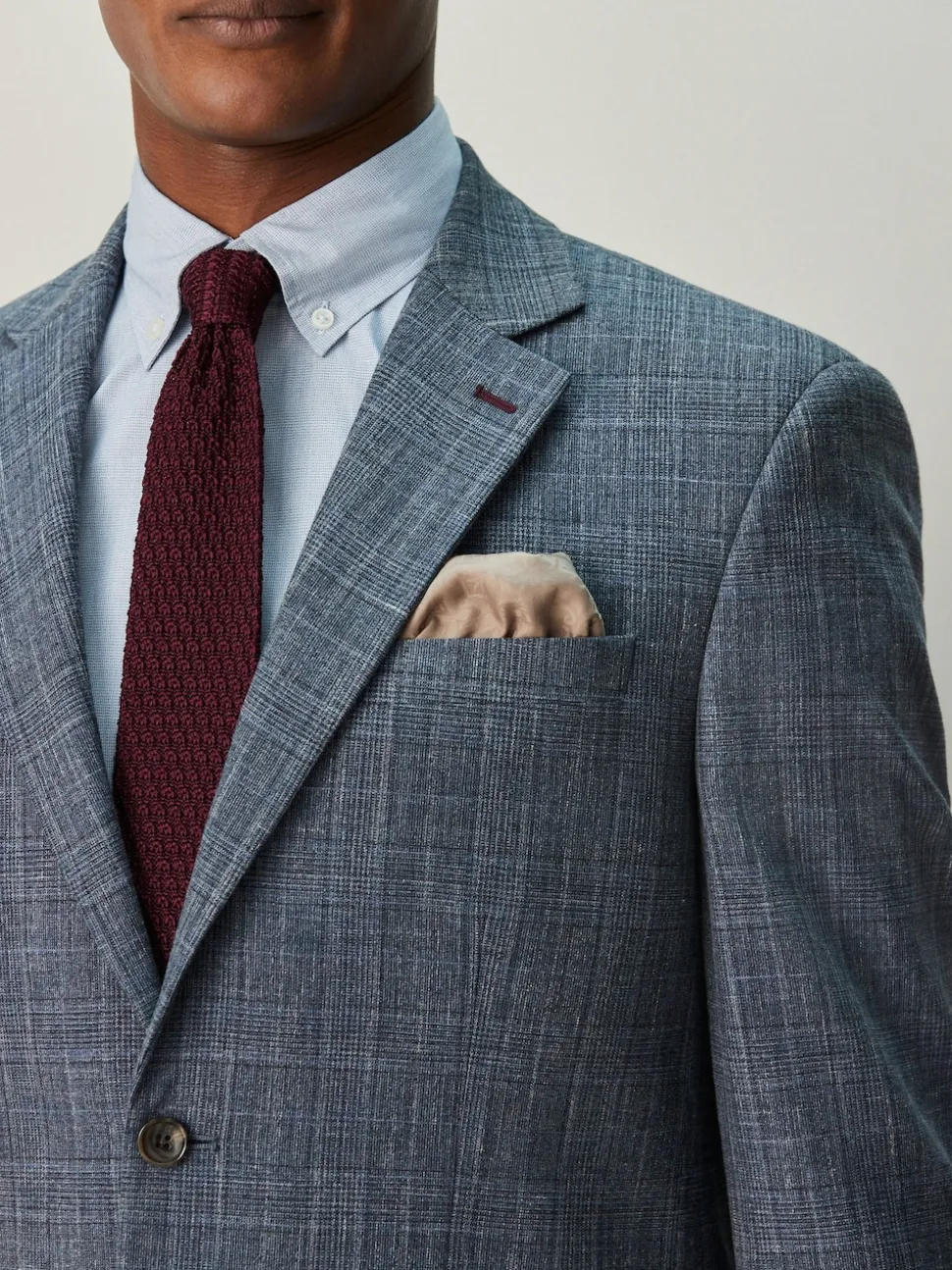 Navy Blue Regular Fit Trimmed Check Suit Jacket