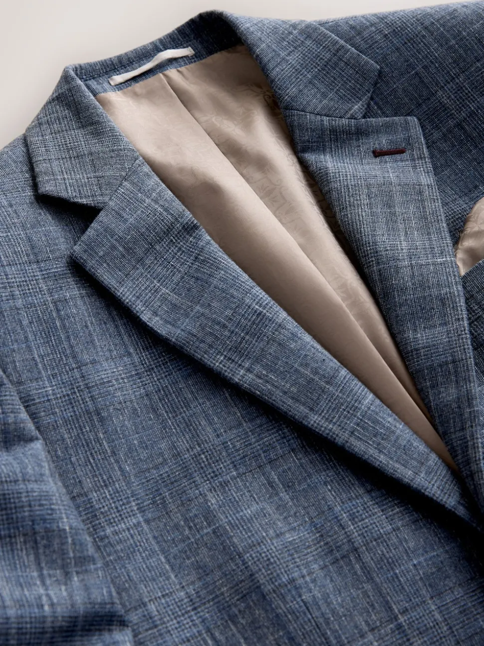 Navy Blue Regular Fit Trimmed Check Suit Jacket