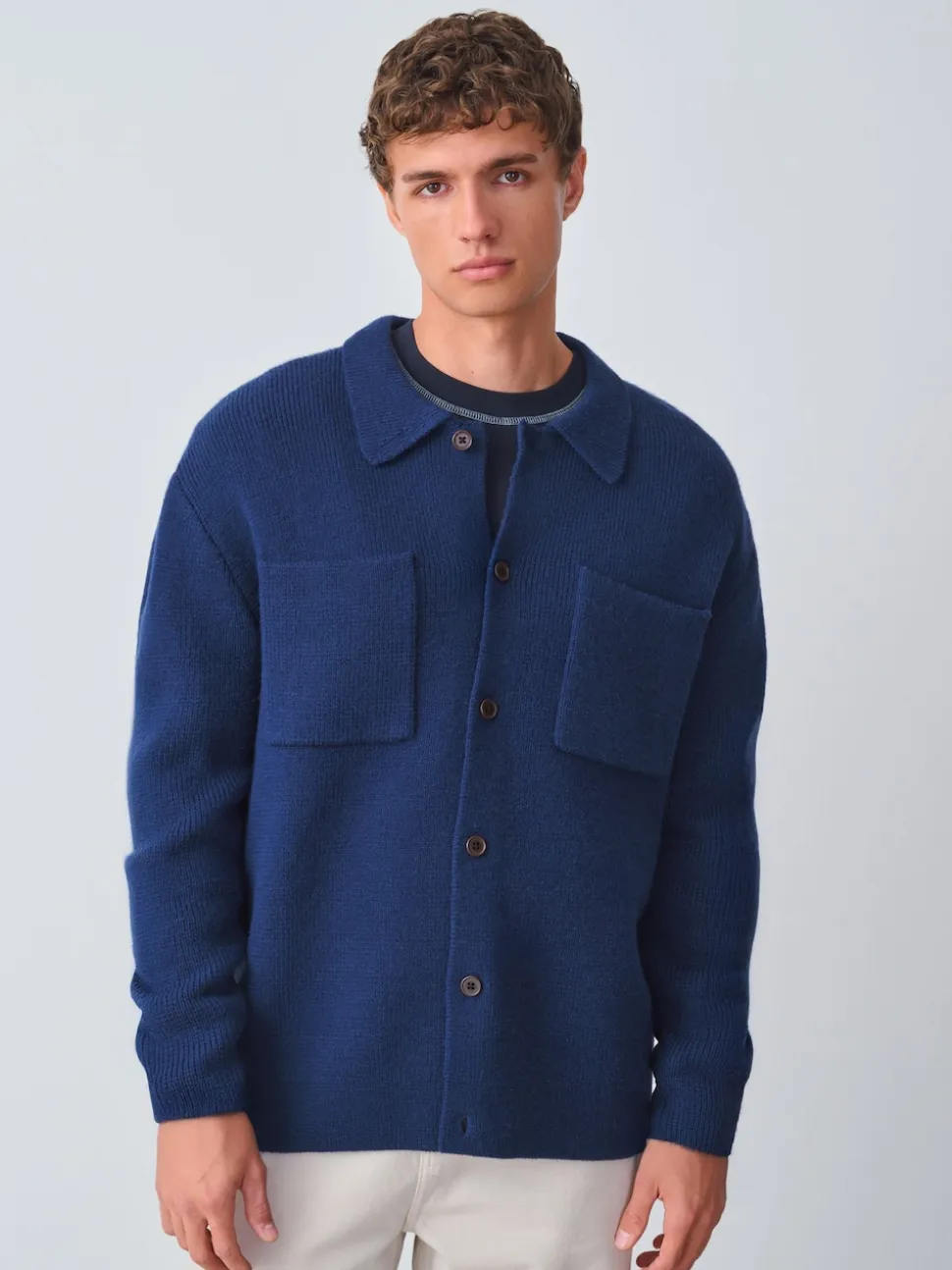 Navy Blue Regular Fit Twin Pocket Collared Cardigan with Wool