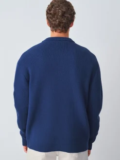 Navy Blue Regular Fit Twin Pocket Collared Cardigan with Wool