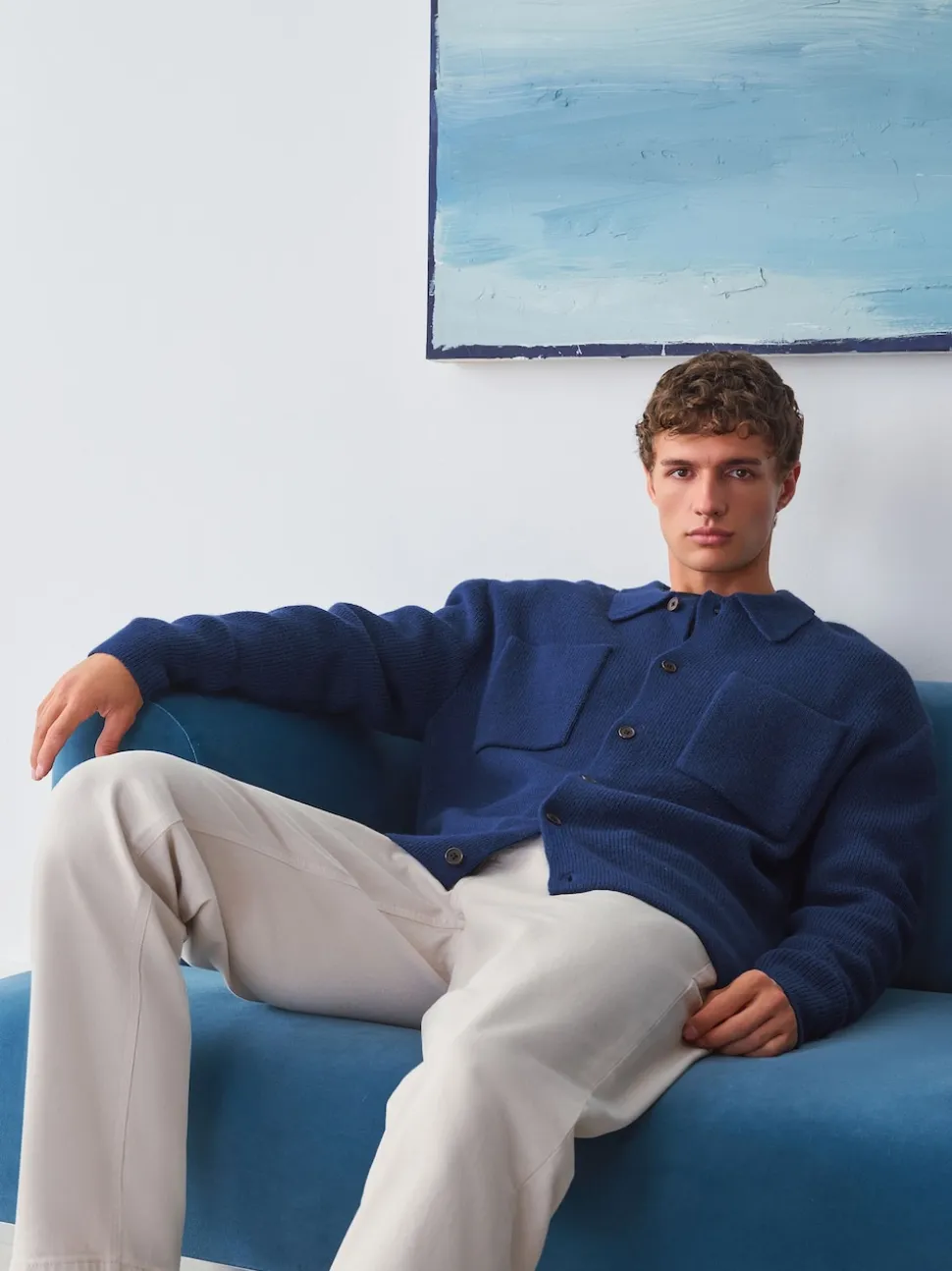 Navy Blue Regular Fit Twin Pocket Collared Cardigan with Wool