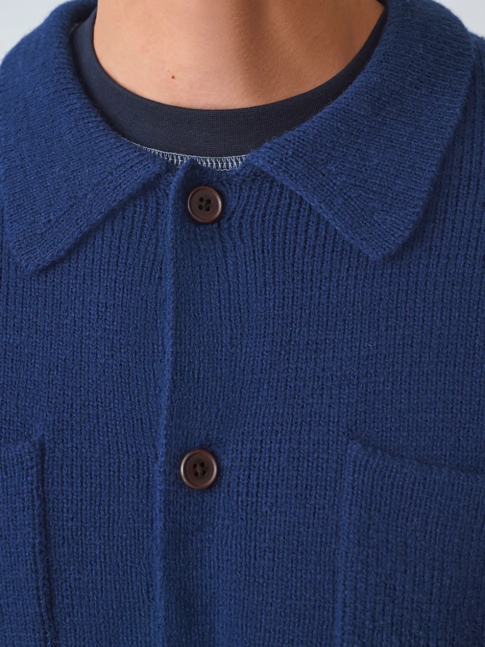 Navy Blue Regular Fit Twin Pocket Collared Cardigan with Wool