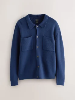 Navy Blue Regular Fit Twin Pocket Collared Cardigan with Wool