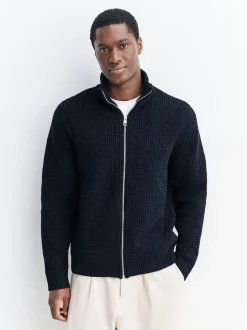 Navy Blue Regular Fit Waffle Texture Chenille Zip Through Cardigan