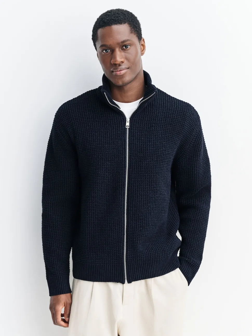 Navy Blue Regular Fit Waffle Texture Chenille Zip Through Cardigan