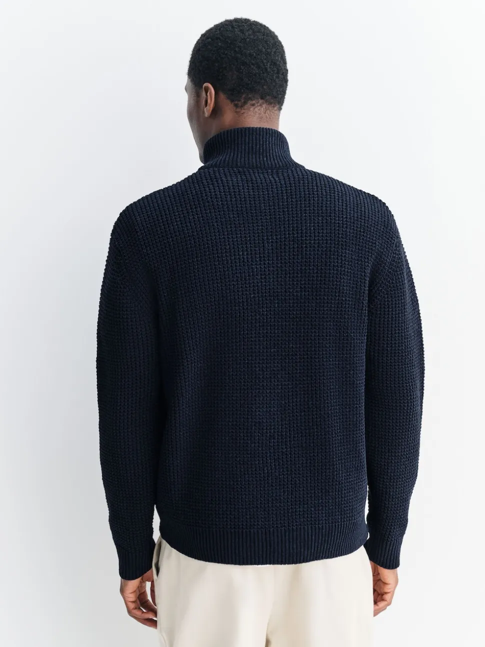 Navy Blue Regular Fit Waffle Texture Chenille Zip Through Cardigan