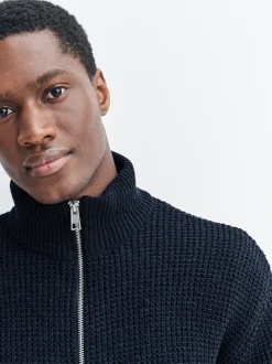 Navy Blue Regular Fit Waffle Texture Chenille Zip Through Cardigan