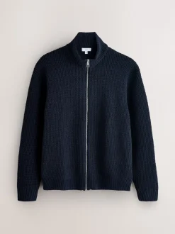 Navy Blue Regular Fit Waffle Texture Chenille Zip Through Cardigan