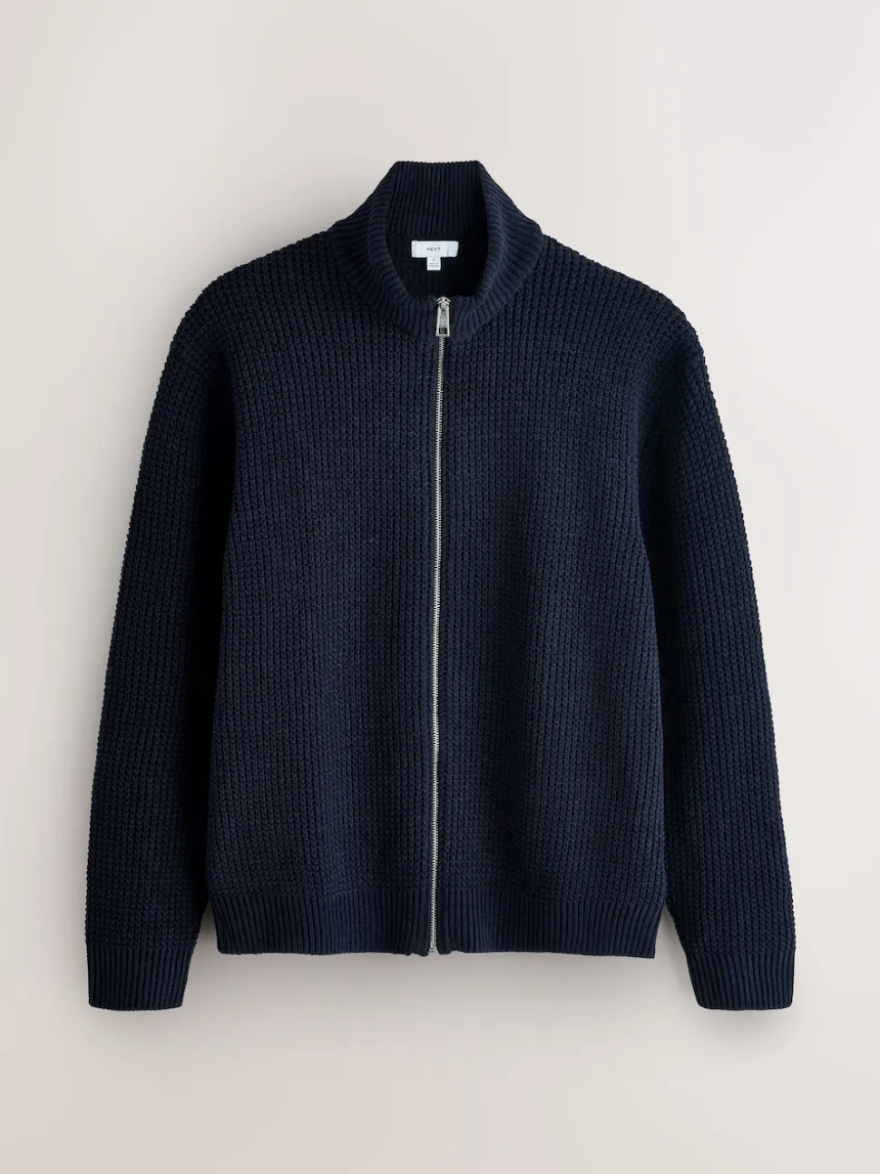 Navy Blue Regular Fit Waffle Texture Chenille Zip Through Cardigan
